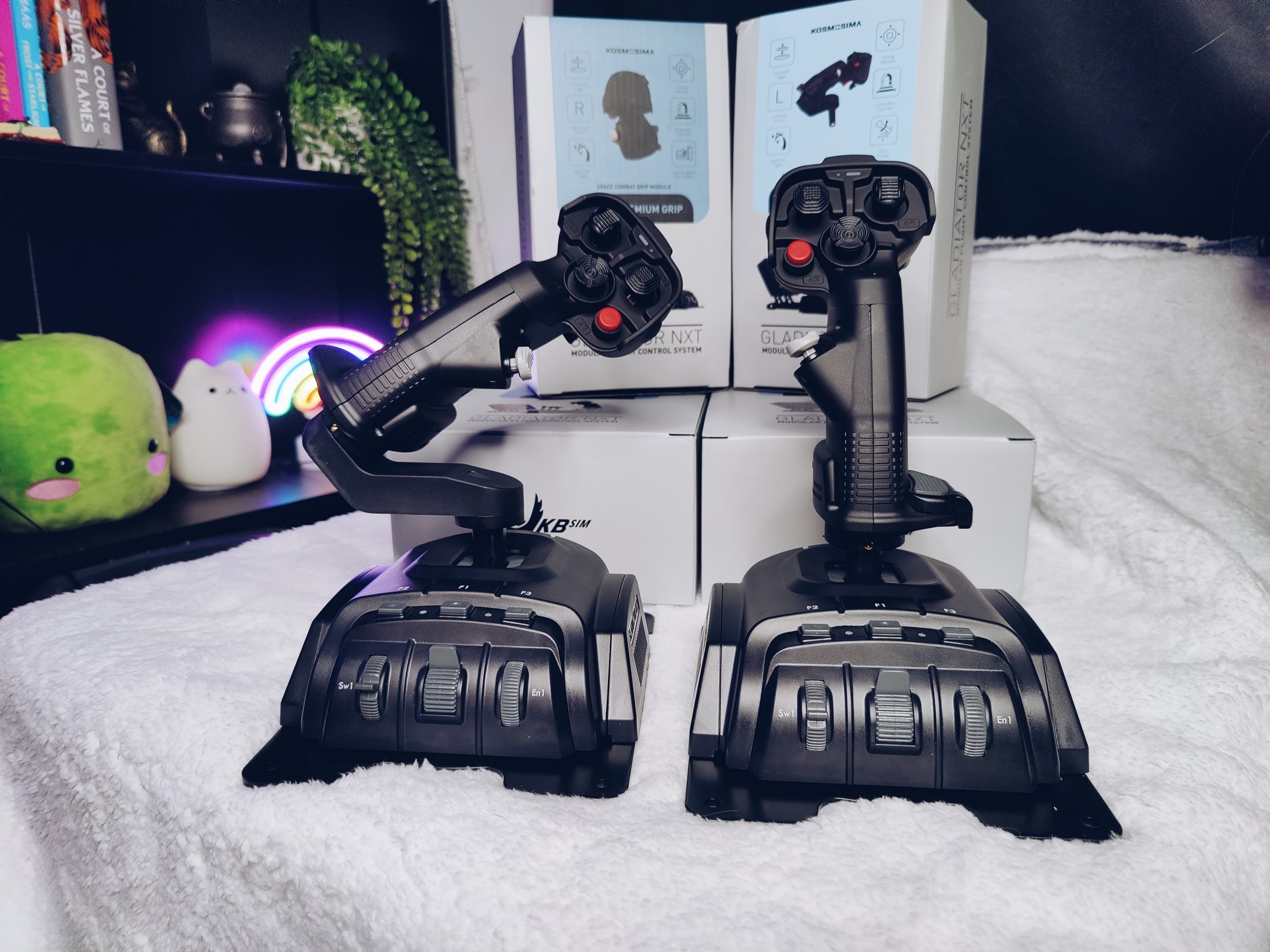 A VKB Sim Gladiator NXT Evo "Space Combat" edition right grip and left omni-throttle.